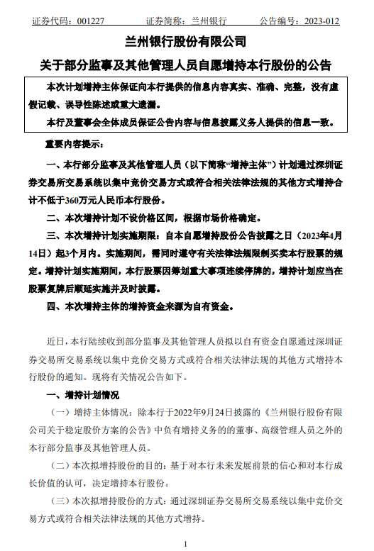 兰州银行：部分监事及其他管理人员拟增持不低于360万元公司股份